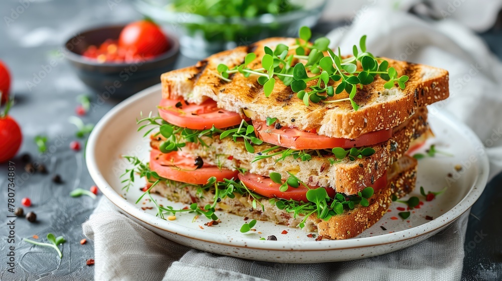 Food sandwich with tomatoes, lettuce sprouts or mocrogreen on a plate Food sandwich with tomatoes, lettuce sprouts or mocrogreen on a plate