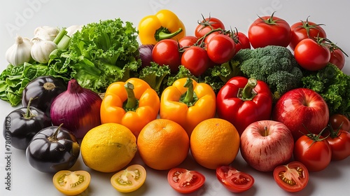 Composition from a set of different vegetables on a paper gray background