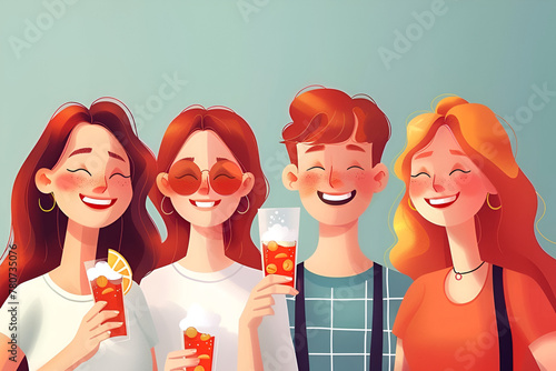 Illustration of four happy friends with drinks, enjoying a moment together.