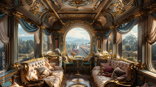 luxurious train with gold tones which has a variety of seating options including couches and chairs. The seating options are surrounded by numerous mirrors and framed pictures. 