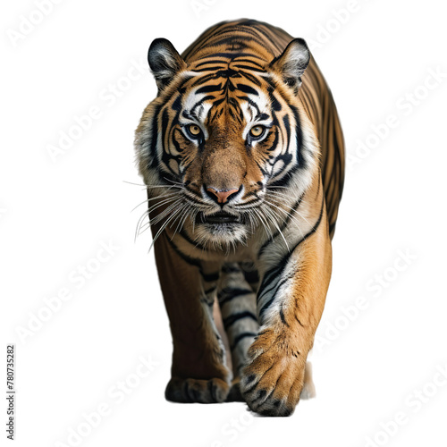 a majestic Royal bengal tiger walking, Isolated on transparent PNG background, Generative ai