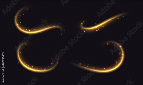 Golden light trails, light in motion, glowing speed lines with sparkles. Bright gold decoration, luminescent swirls isolated on black background. Vector illustration.