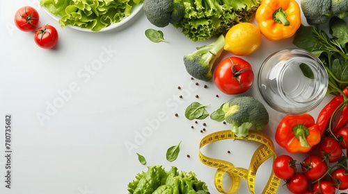 Diet plan, menu or program, tape measure, water and diet food of fresh vegetables on white background, weight loss and detox concept
