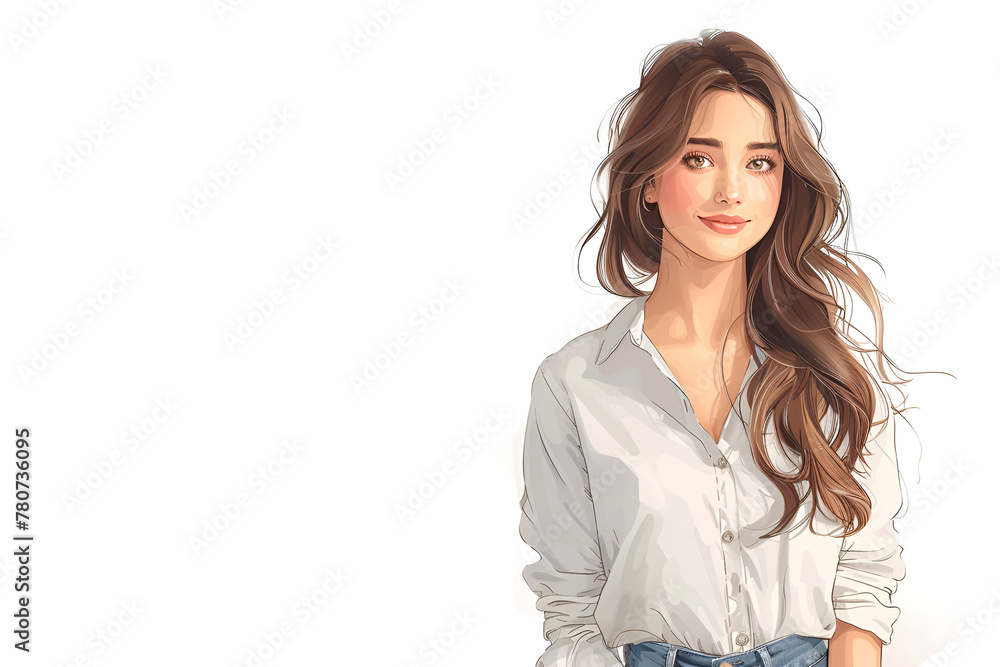 Illustration of a young woman with wavy hair smiling gently. Illustration of a young woman with wavy hair smiling gently.