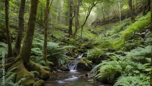 A hidden glen filled with ferns and trickling streams.