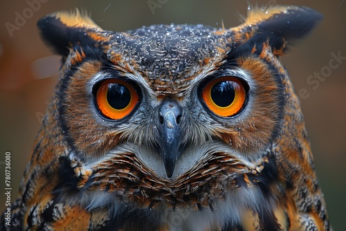 Majestic owl with striking orange eyes perched in natural habitat during twilight hours showcasing intricate feather patterns and attentive expression photo