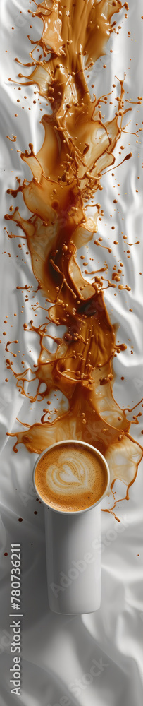 A cup of coffee spills on a white surface, creating an abstract splash pattern with brown droplets and streaks.	
 - obrazy, fototapety, plakaty 