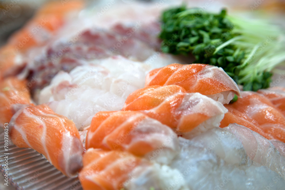 View of the sashimi on the plate View of the sashimi on the plate