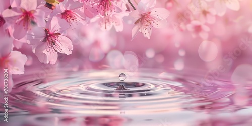 A water drop falling on the water surface with pink cherry blossoms blooming in the background  creating beautiful ripples and a bokeh effect  symbolizing springtime beauty  tranquility Generative AI