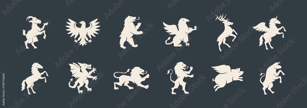 Animals elements for Coat of Arms, Crest design. Heraldic animals set. Dragon, Goat, Bull, Lion, Eagle, Deer, Griffin, Bear, Horse silhouettes. Vector illustration. Animals elements for Coat of Arms, Crest design. Heraldic animals set. Dragon, Goat, Bull, Lion, Eagle, Deer, Griffin, Bear, Horse silhouettes. Vector illustration.