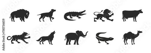 Wild Animals logo set. Animals elements for logo, emblem, label design. Buffalo, Dog, Alligator, Lion, Wolf, Tiger, Elephant silhouettes. Vector illustration. 