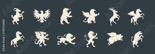 Animals elements for Coat of Arms, Crest design. Heraldic animals set. Dragon, Goat, Bull, Lion, Eagle, Deer, Griffin, Bear, Horse silhouettes. Vector illustration. 
