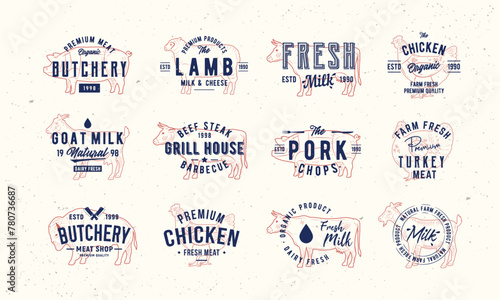 Butchery, Grill, Dairy badges, stamps and poster set. Chicken, Cow, Goat and Pig emblems. Vintage poster templates. Vector Illustration