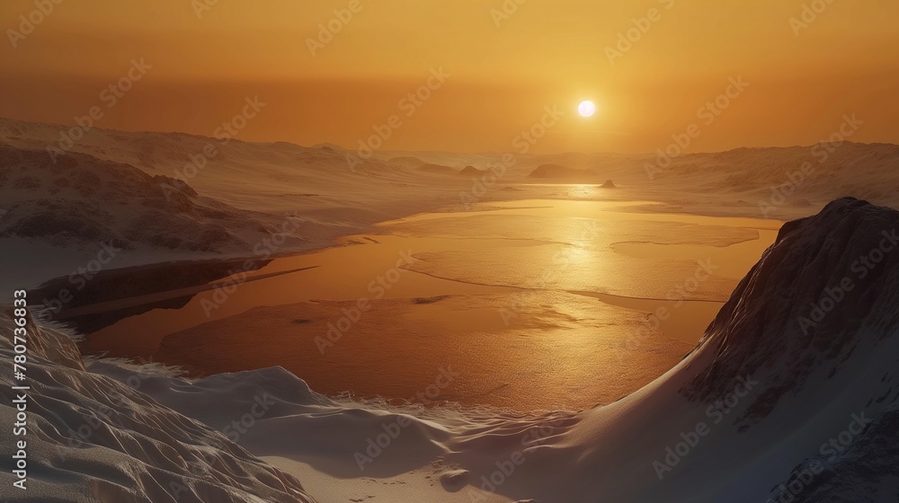 Warm Sunset Over Frozen Martian-Like Valley