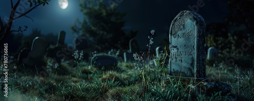 Full moon illuminating a solitary gravestone in a serene nighttime cemetery. Copy space