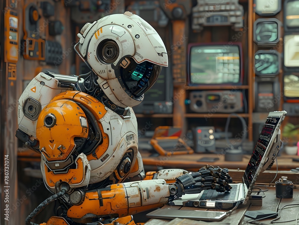 Cyberpunk-Inspired Robotic Tinkerer's Workbench Showcasing DIY Automation and Futuristic Technology