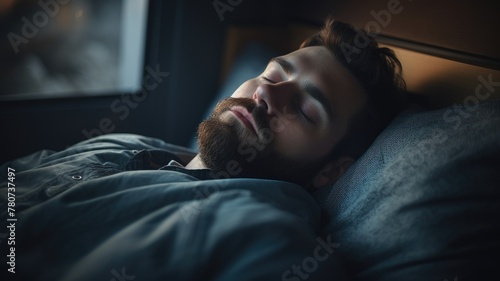 Bearded man sleeping peacefully in a dark room.