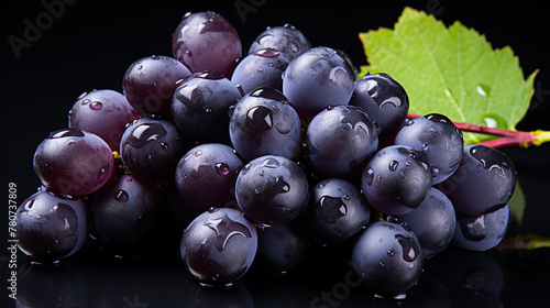 A Group of Fresh Black Grape Fruit On Isolated Black Background photo