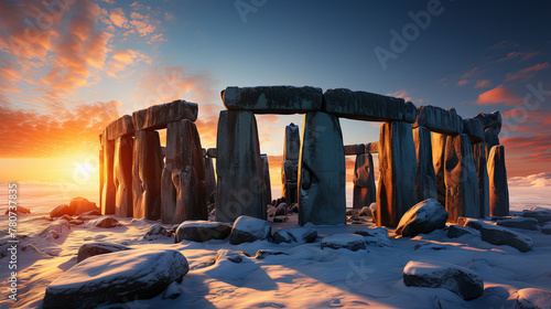 A Glorious Winter Solstice Sunrise at Stonehenge Where The Sun is Still Low and the Light Streaming Between The Monument Blocks photo