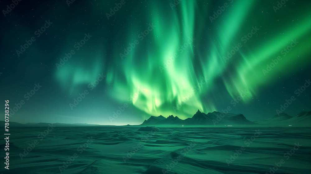 Green auroras over arctic glaciers.