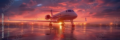 Modern executive jet plane at the airport runway on the background of dramatic sunset. The vibrant colors of the sunset enhance the allure of the executive jet on the airport runway.