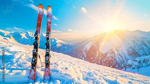 Winter wonderland scenic view with ski equipment. Sunrise over snow-covered mountains. Perfect conditions for skiing and winter sports. Outdoor adventure awaits. AI photo