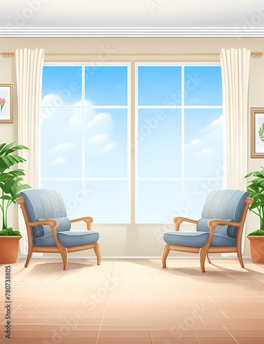Storybook Living Room Background with Minimal Furniture and Space for Characters in the Foreground