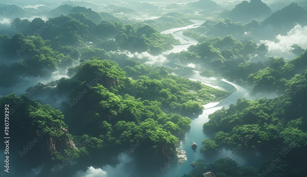 A drone shot of the jungle mountains in Vietnam, a river running through it with mist and clouds, lush greenery