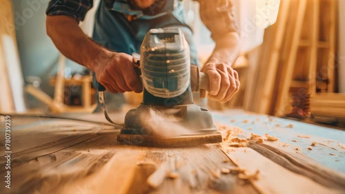 Carpenter using electric sander on wooden surface. Woodworking and craftsmanship concept  photo