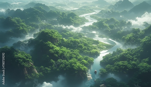 A drone shot of the jungle mountains in Vietnam, a river running through it with mist and clouds, lush greenery © Photo And Art Panda