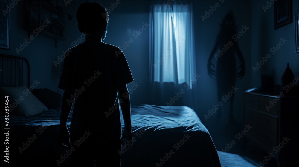 silhouette of a boy stands in a dimly lit room facing a window with an enigmatic figure - obrazy, fototapety, plakaty 