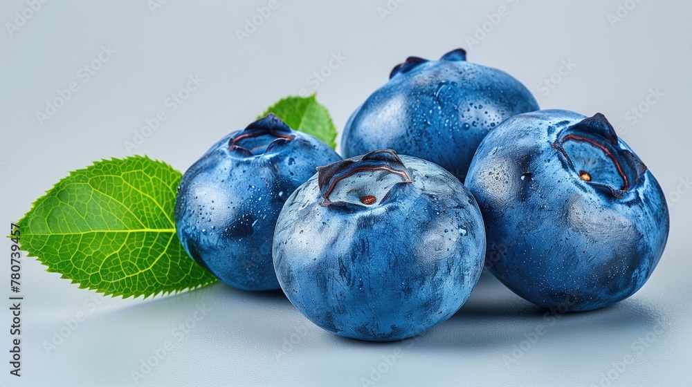 Obraz premium Closeup Blueberries, a type of fruit, with green leaves on a white background