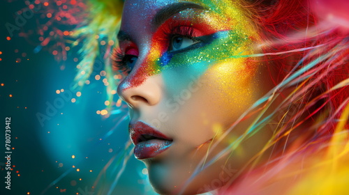 Portrait of a extravagant woman with crazy hairstyle and futuristic makeup, vivid shiny colors