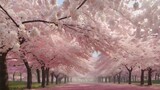 A grove of cherry blossoms in full bloom, petals drifting on the breeze.