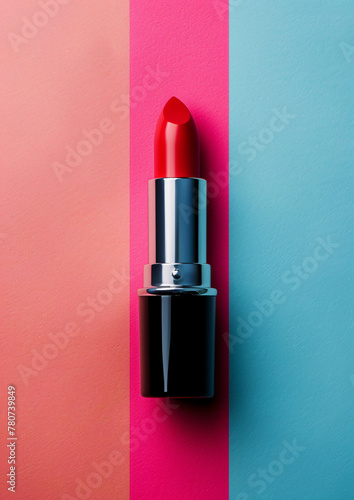 top view of lipstick on solid color paper background, commercial lipstick poster, cosmetic background