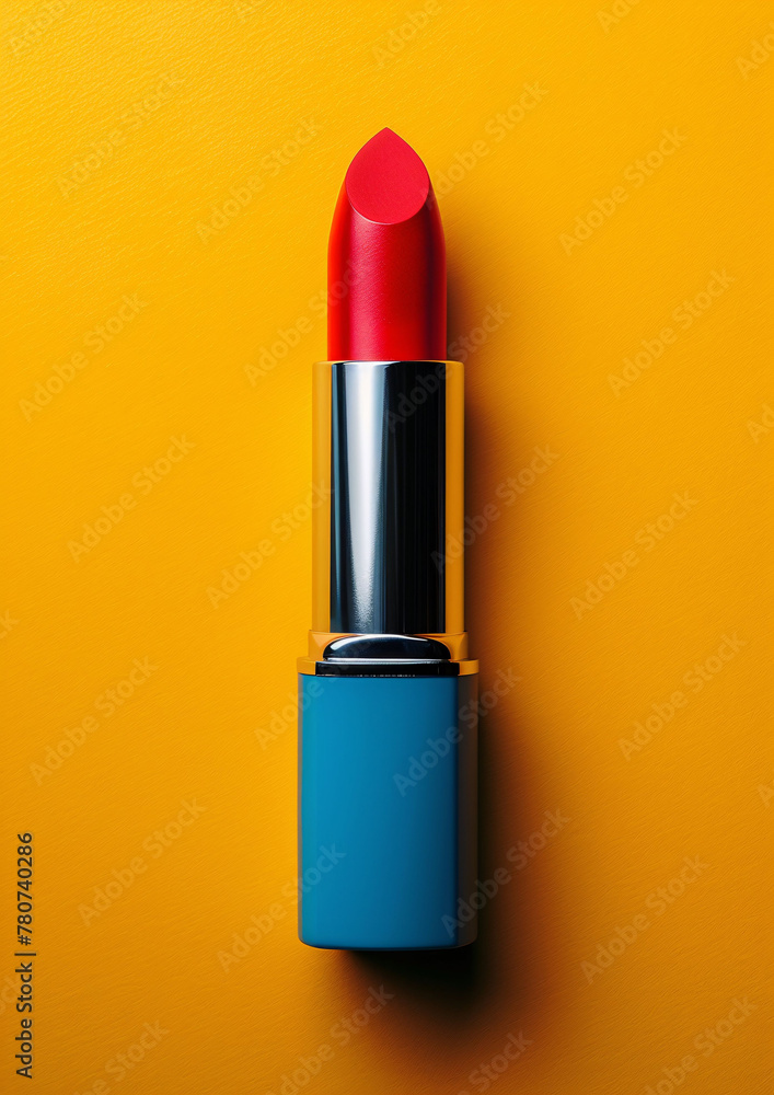 top view of lipstick on yellow background, commercial lipstick poster, cosmetic background top view of lipstick on yellow background, commercial lipstick poster, cosmetic background