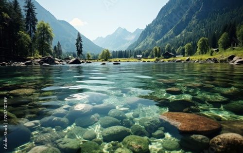 A body of water nestled amidst towering mountains and lush trees