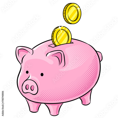 Piggy bank and golden coins pop art PNG