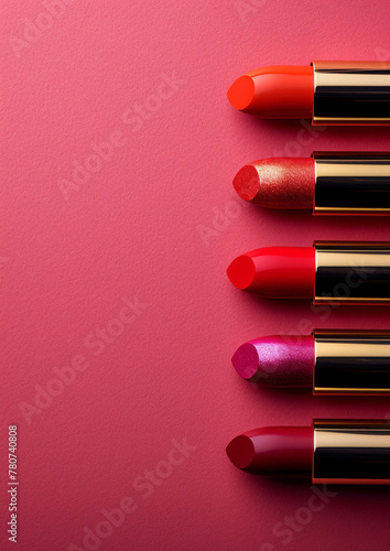 vertical shot close up of lipstick in a row on pink background for advertisement, lipsticks commercial banner