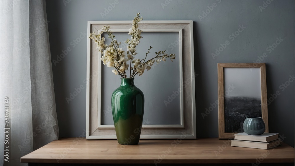 Empty frame with vase for mockup Empty frame with vase for mockup