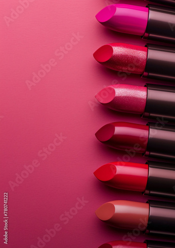 vertical shot close up of lipstick in a row on pink background for advertisement, lipsticks commercial banner, cosmetic poster