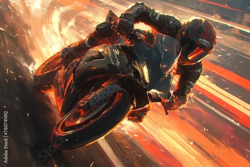 A riding a motorcycle at high speed, with a motion blur background