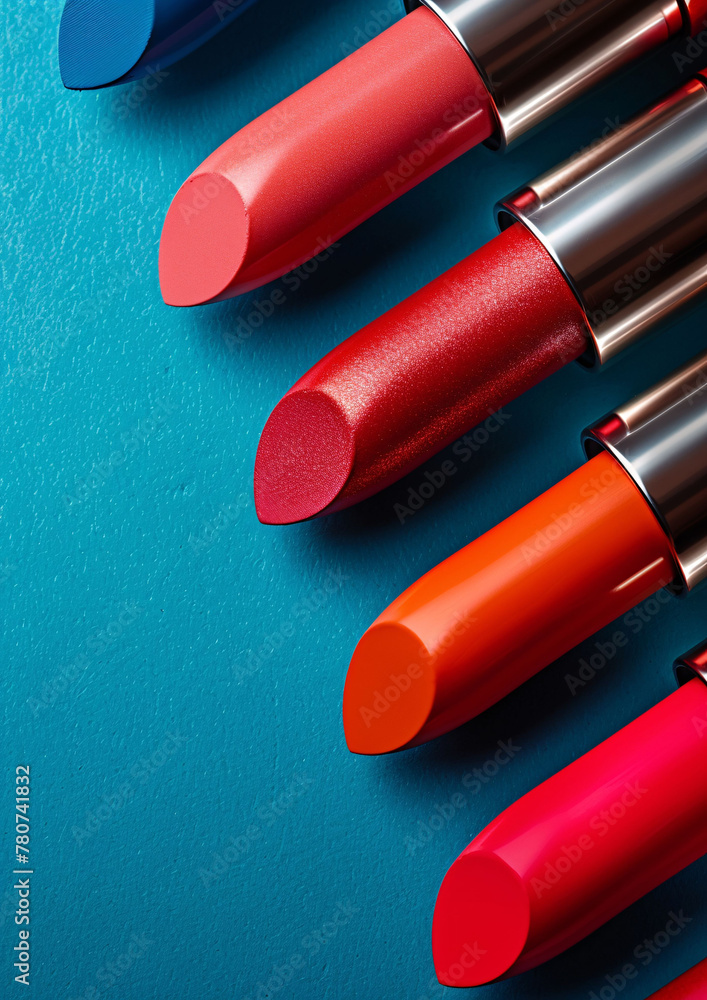 vertical shot close up of lipstick in a row on blue background for advertisement, lipsticks commercial banner vertical shot close up of lipstick in a row on blue background for advertisement, lipsticks commercial banner