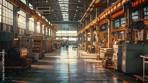 Sunlit factory floor with machinery and overhead crane.  Manufacturing and workflow concept. photo