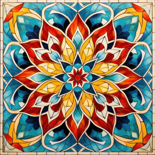 Ornate Mosaic Tile with Floral Design in Blue, Yellow, Orange, and Red