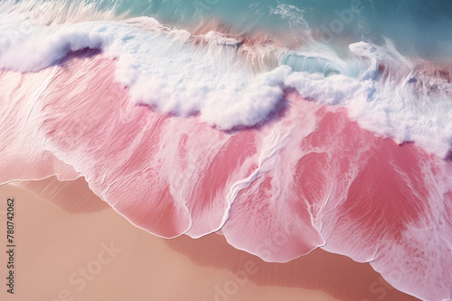 Oil Painting of Aerial View White and Pink Ripple Ocean Wave Crashing On The Pink Sand