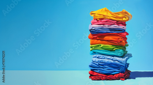 Vibrant Stack of Colorful Clothes Against a Blue Background in Daylight