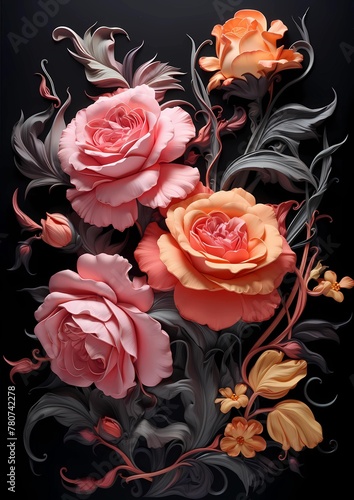 This image features a stunning collection of roses and other flowers intricately designed with a dynamic play of colors  shadows  and highlights on a dark background