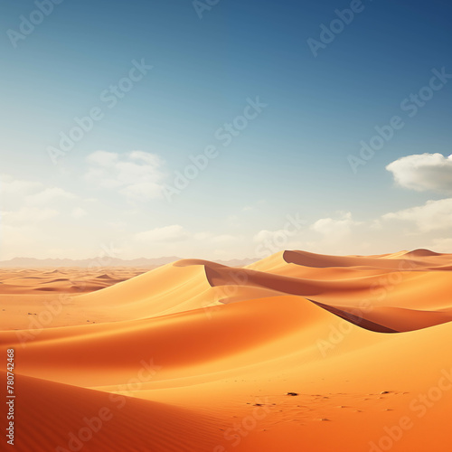 Vast orange sand dunes rise under a clear blue sky in a dry Moroccan desert landscape. © Gun