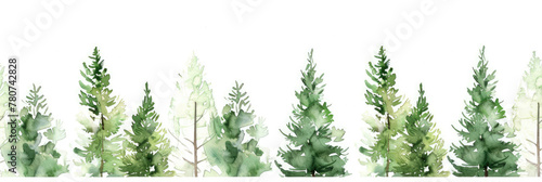 Seamless Watercolor Pine Tree Border in Shades of Green © Donald